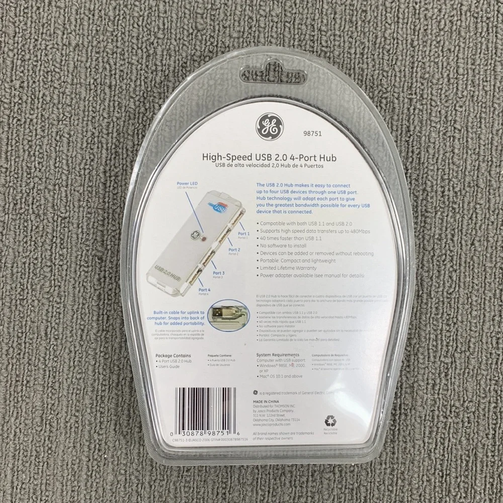 GE High Speed USB 2.0 4-Port Hub Built in Cable #98751 New Factory Sealed